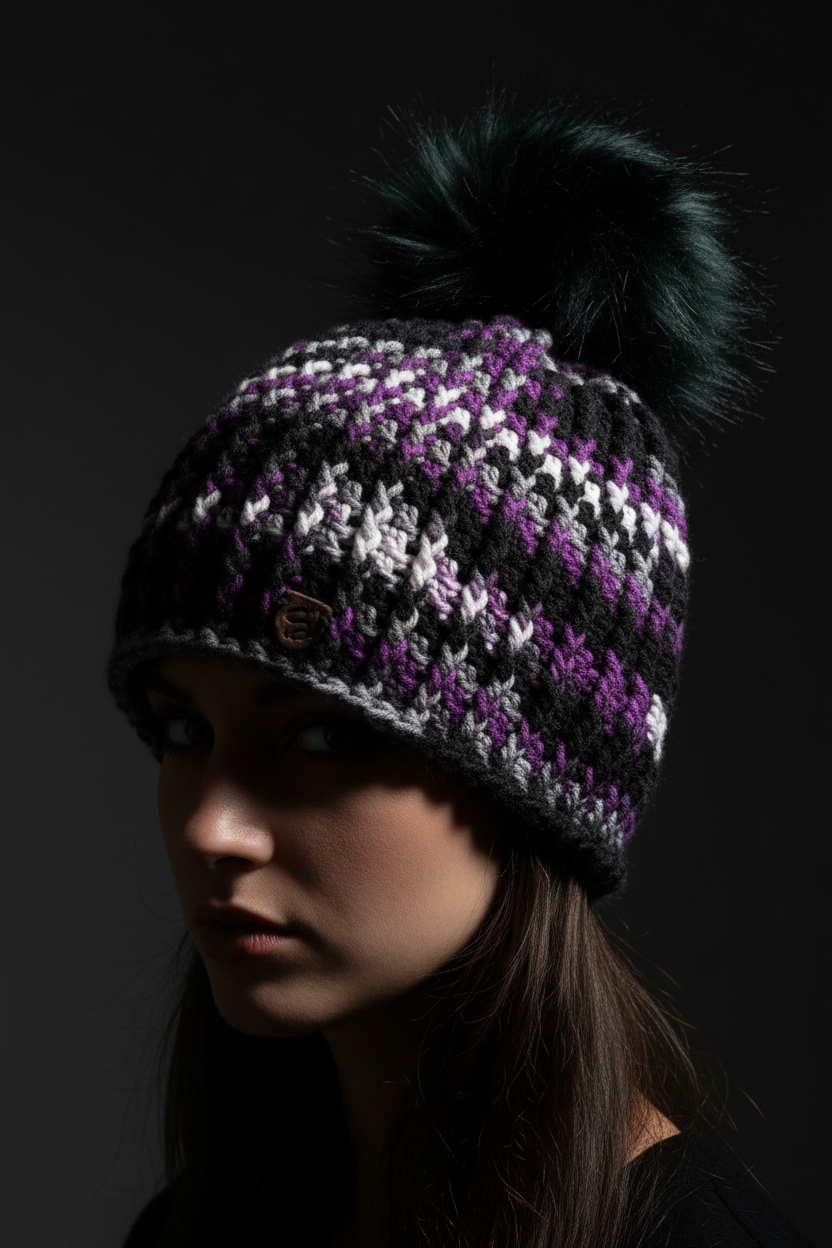 After Dark™ Classic Rib™ handmade crochet beanie in black, purple, and silver with oversized dark pom On Model Head 