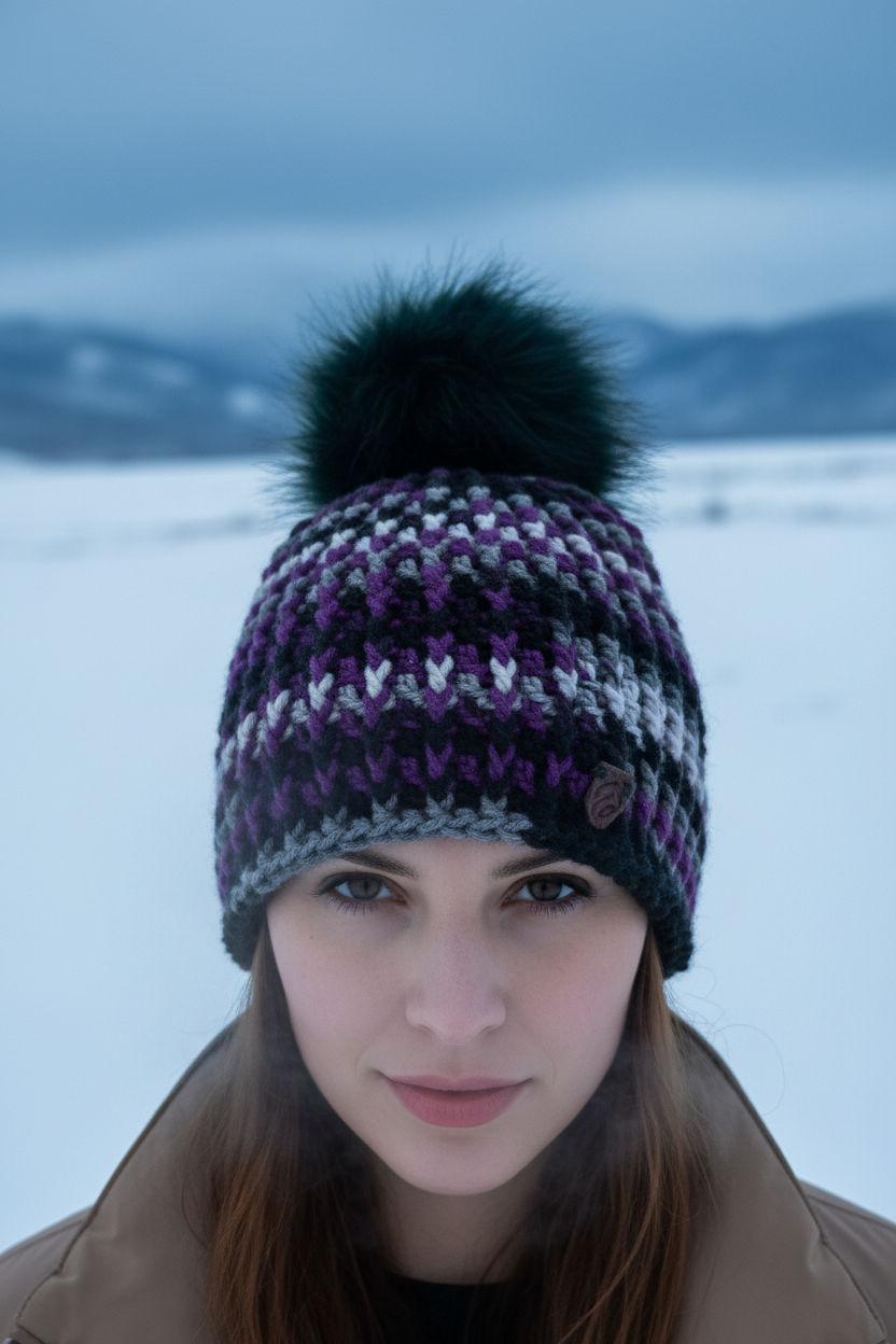 After Dark™ Classic Rib™ handmade crochet beanie in black, purple, and silver with oversized dark pom On-Head Front