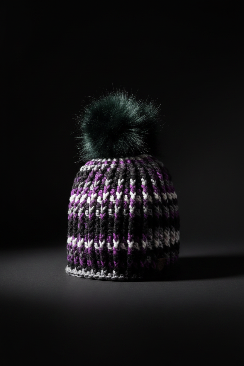 After Dark™ Classic Rib™ handmade crochet beanie in black, purple, and silver with oversized dark pom Standalone Studio