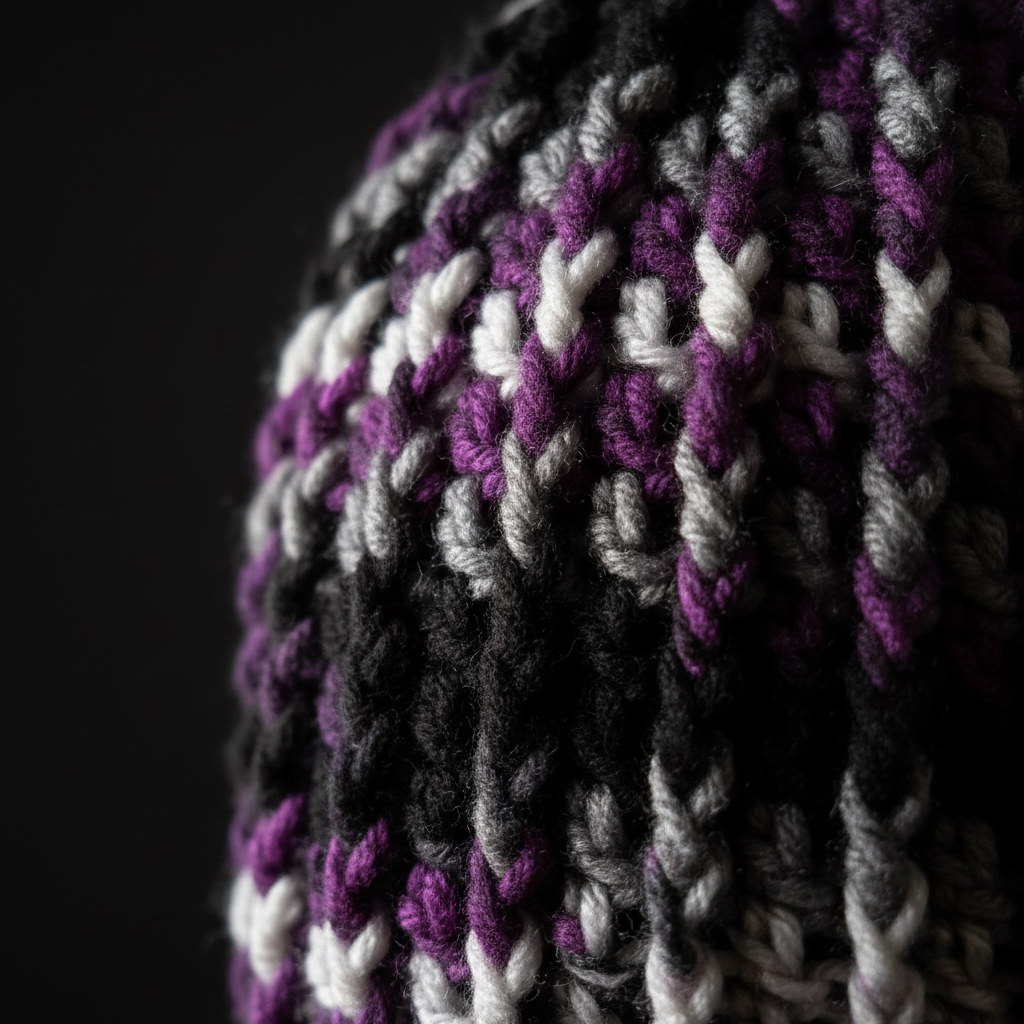 After Dark™ Classic Rib™ handmade crochet beanie in black, purple, and silver with oversized dark pom showing Texture Close-Up