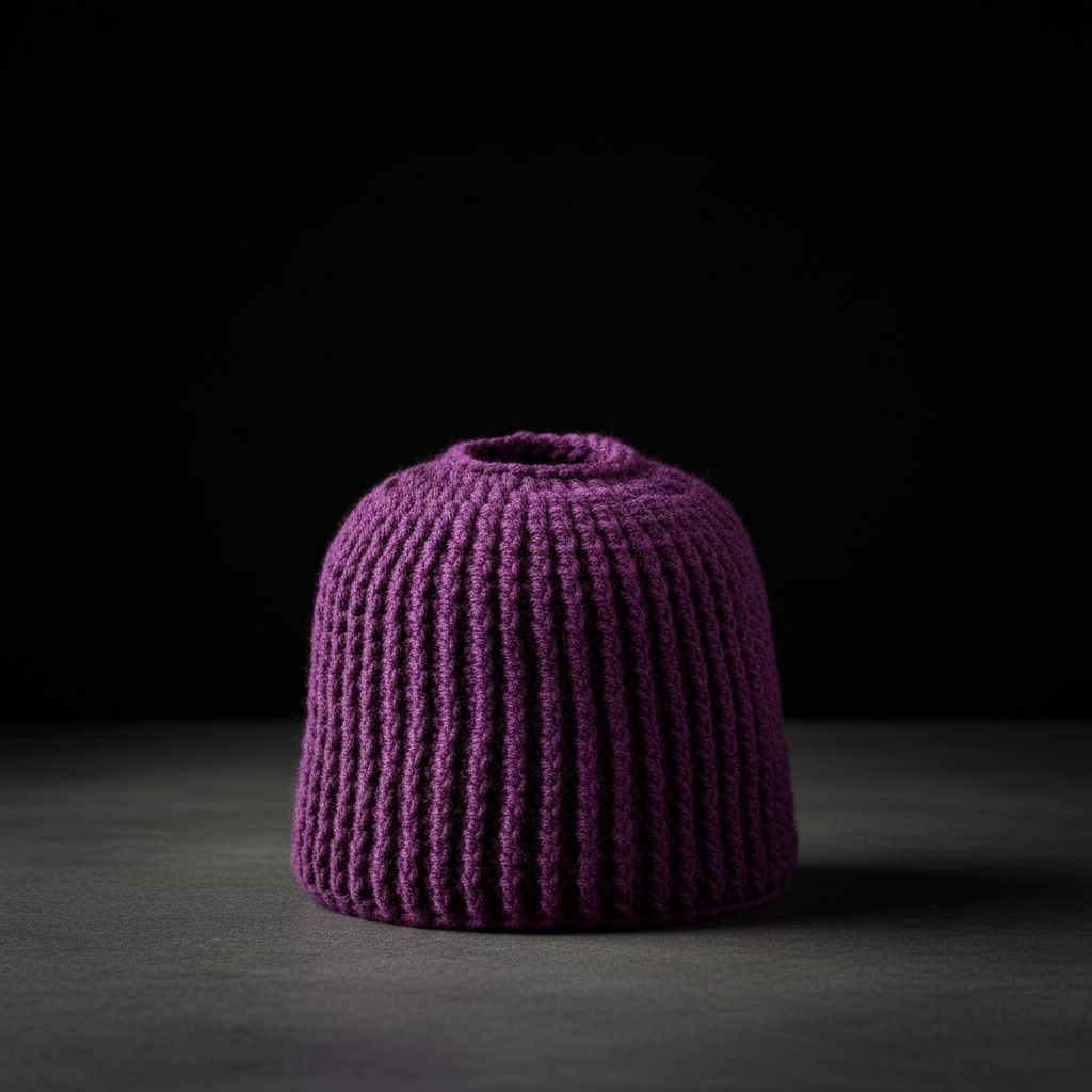 Purple open crown crochet beanie for ponytail or messy bun. Standalone in studio setting on dark background