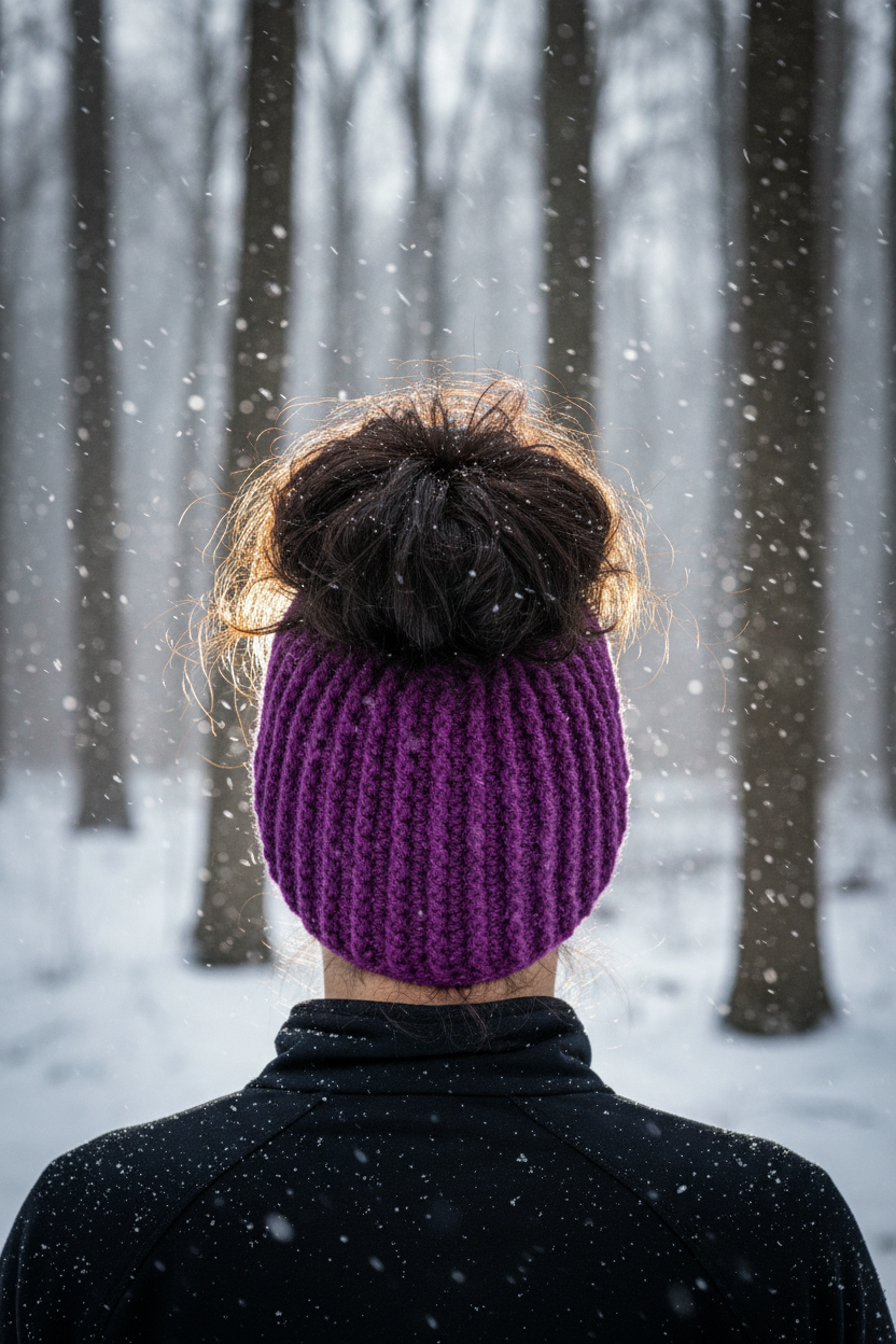 Purple open crown crochet beanie for ponytail or messy bun. Model is showing off the back of the beanie, standing in a showy forest
