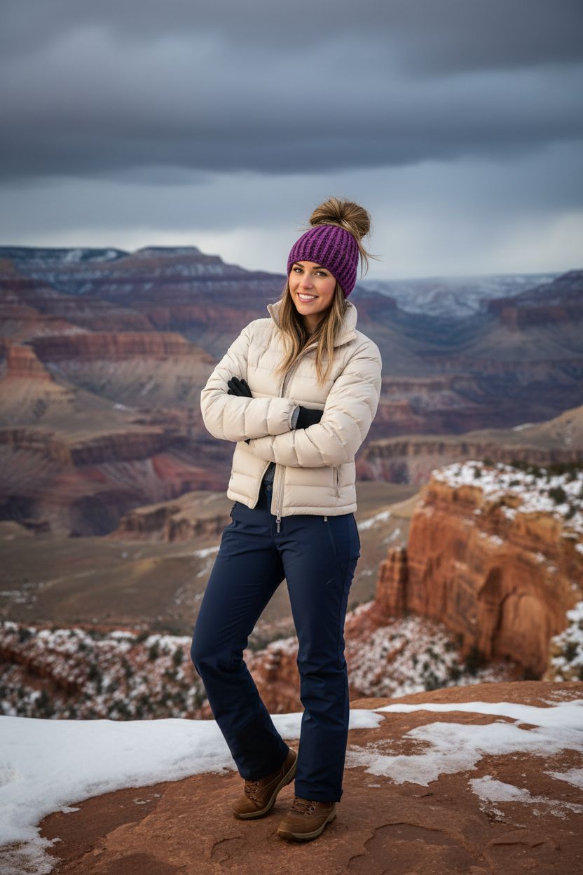 Purple open crown crochet beanie for ponytail or messy bun. Worn by a model standing on top of a mesa with a down coat on