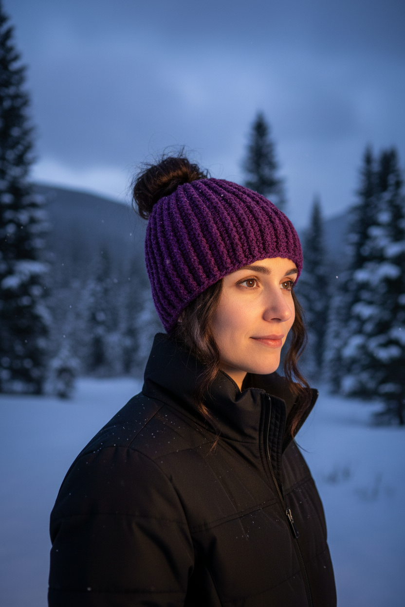 Purple open crown crochet beanie for ponytail or messy bun. Shown is a profile of model wearing it in a snowy scene with evergreens