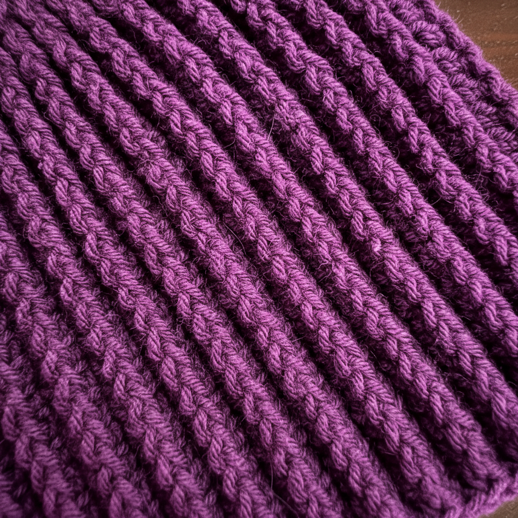 Purple open crown crochet beanie for ponytail or messy bun. Close-Up of V shaped crochet stitches
