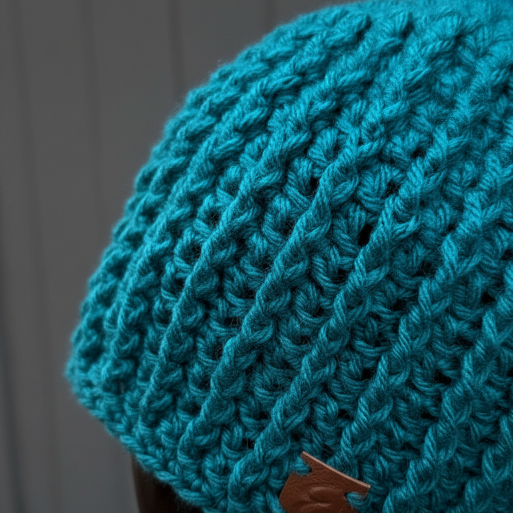 Alpine Surge crochet beanie close up of thick ribbed stitch pattern in cool blue yarn showing dense textured construction for winter wear