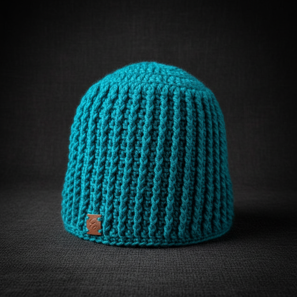 Alpine Surge crochet skull cap skull hugger beanie in cool blue ribbed yarn shown upright highlighting structured fit and clean edge for winter wear skull cap skull hugger