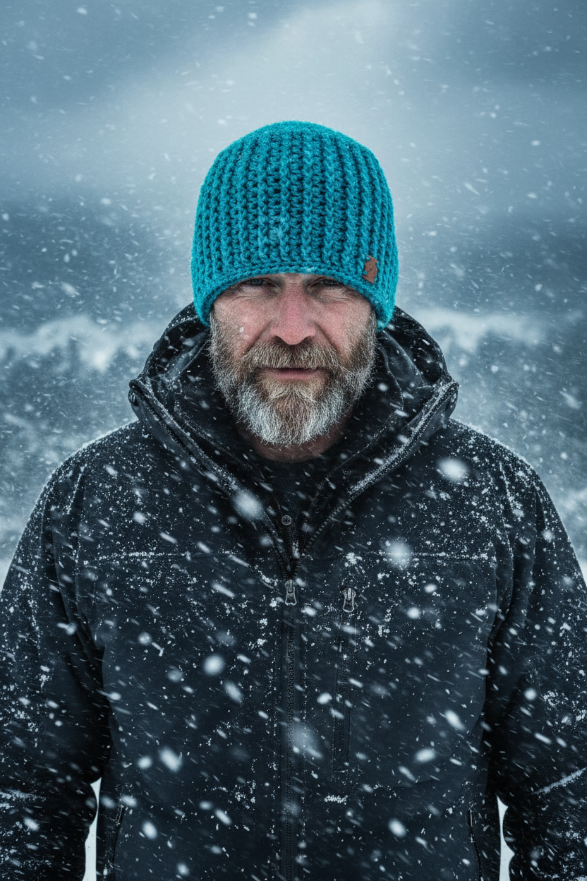 Alpine Surge crochet skull cap skull hugger beanie beanie in cool blue teal ribbed yarn worn in active snowfall for cold climate winter conditions