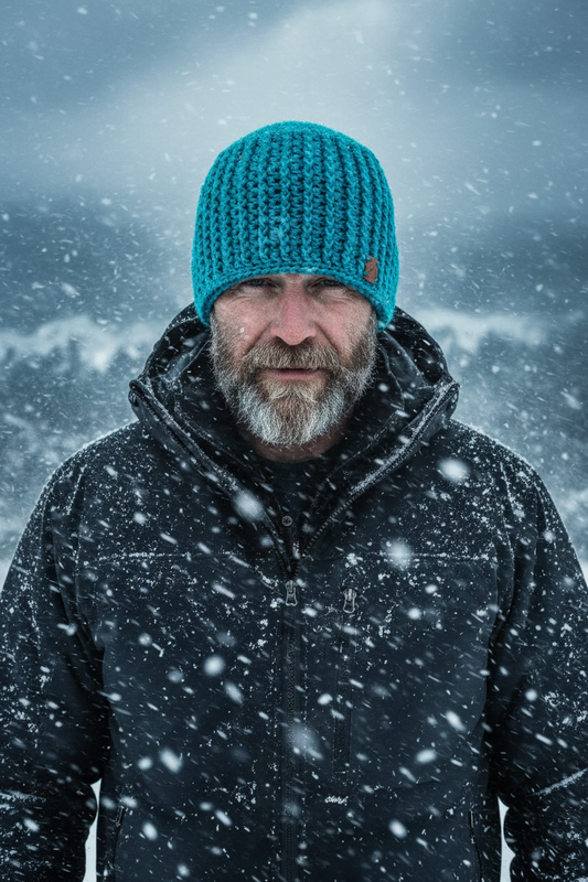Alpine Surge crochet skull cap skull hugger beanie beanie in cool blue teal ribbed yarn worn in active snowfall for cold climate winter conditions