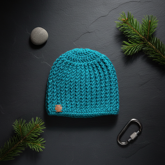 Alpine Surge skull cap skull hugger beanie crochet beanie in cool blue ribbed yarn styled in clean flat lay with evergreen accents for cold weather winter wear