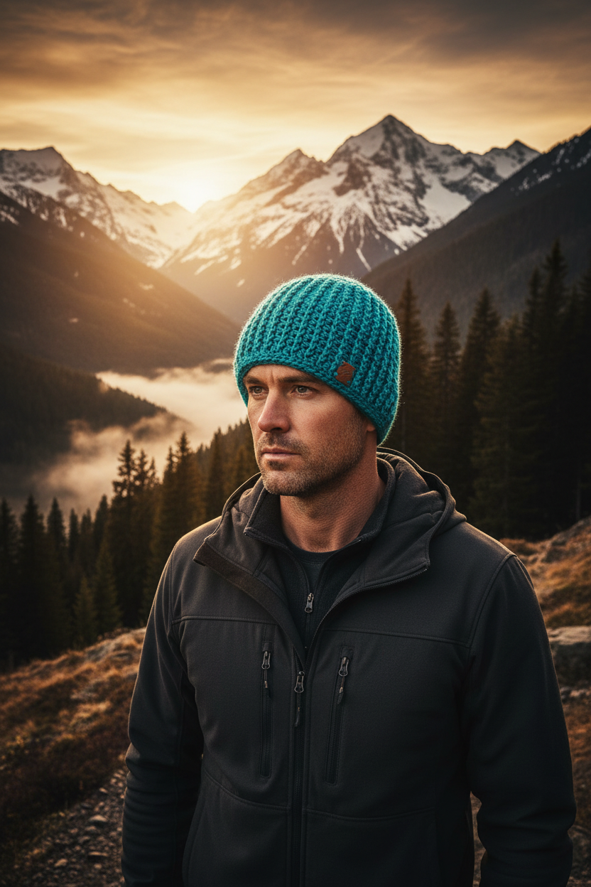 Alpine Surge skull cap skull hugger beanie crochet beanie in cool blue ribbed yarn worn outdoors in alpine mountain setting at sunrise for cold weather winter wear