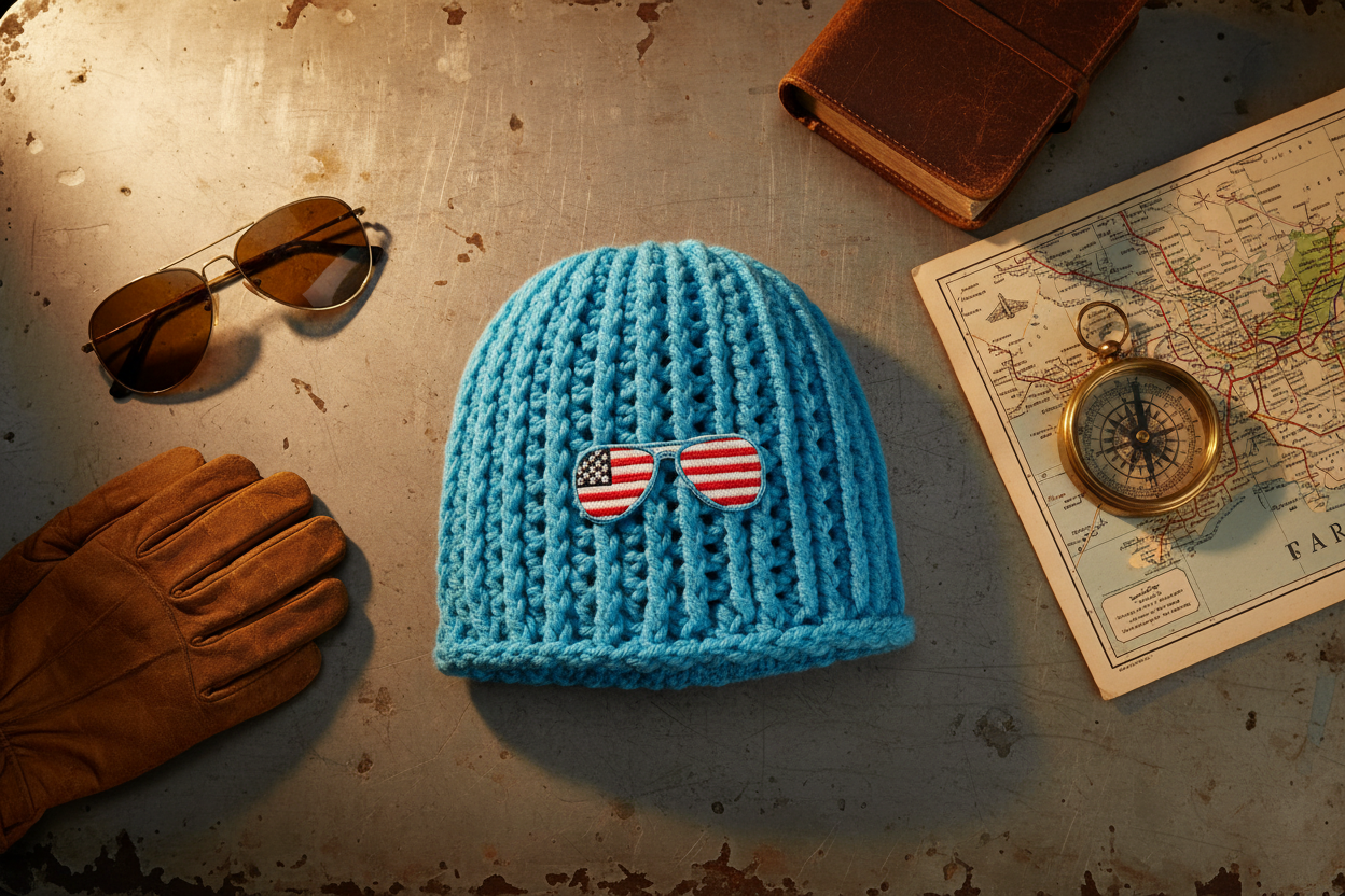 A bright blue crochet beanie hat with a small bow-tie-shaped American flag patch on the front, styled in a vintage flat-lay with brown leather gloves, sunglasses, a compass, a map, and a brown notebook on a distressed metal surface.