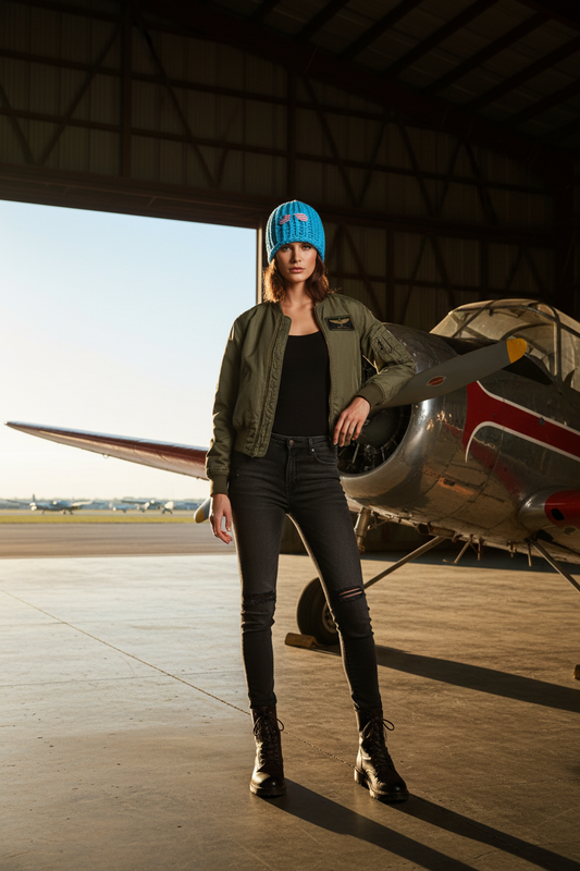A woman stands in a hangar wearing an olive green bomber jacket, black top and ripped black jeans, black combat boots, and a blue crochet beanie, with a vintage airplane behind her.