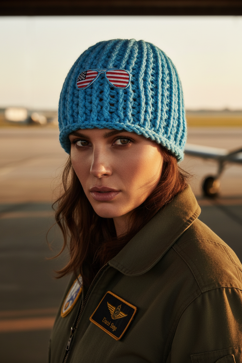 A woman wearing a bright blue chunky crochet beanie with a small American flag sunglasses patch, posed on an airport tarmac in warm golden hour light.