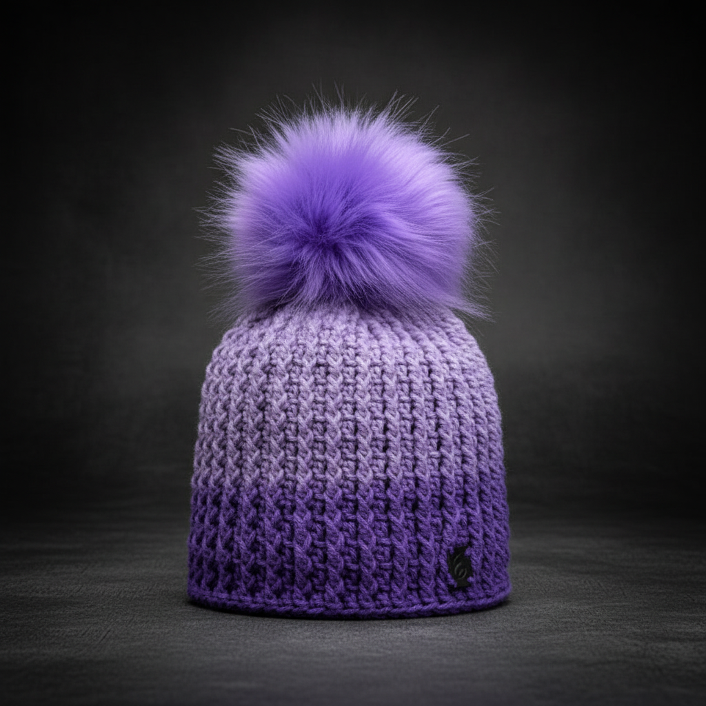 Amethyst Cloud hand-crocheted ribbed beanie in gradient purple yarn with plush faux fur pom shown upright highlighting structured fit and clean edge
