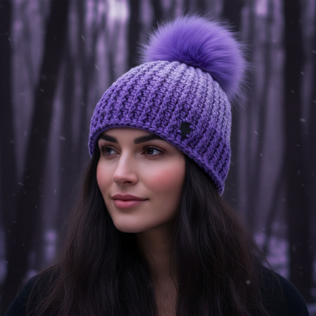 Amethyst Cloud crochet beanie in soft gradient lavender ribbed yarn with plush faux fur pom worn on head in winter woodland setting