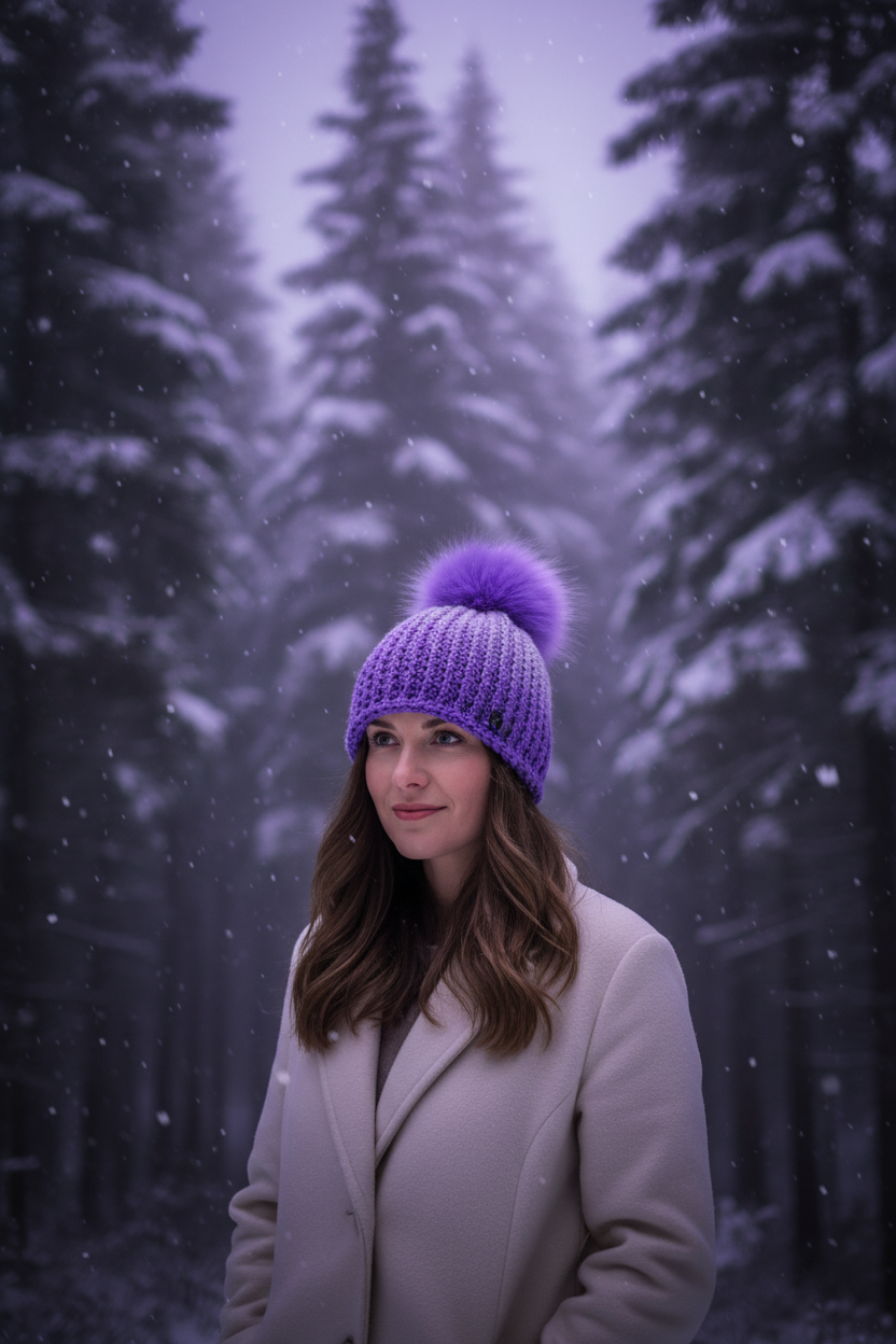 Amethyst Cloud hand-crocheted ribbed beanie in amethyst purple yarn with matching faux fur pom worn in a snowy evergreen forest winter setting for cold climate wear
