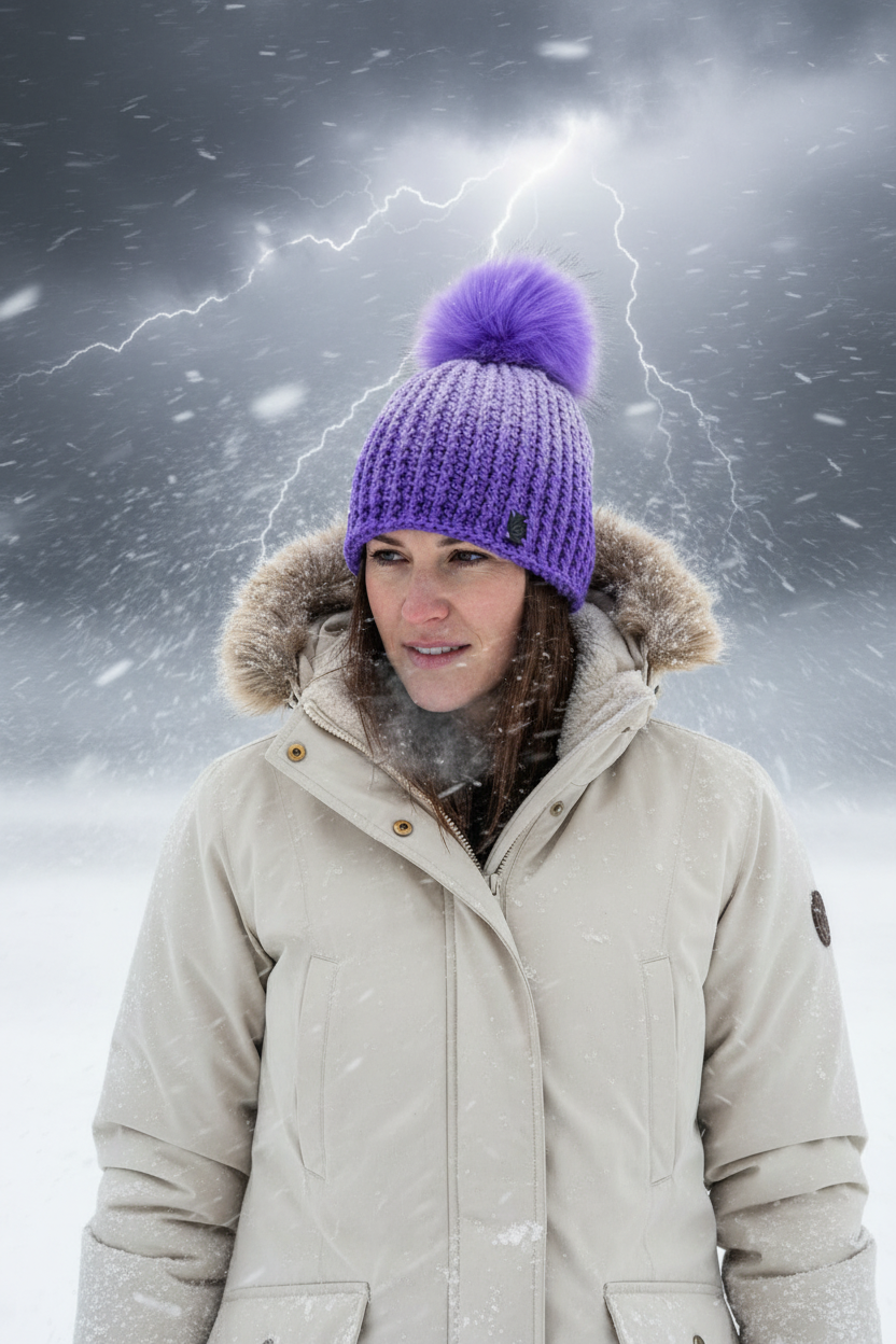 Amethyst Cloud crochet beanie in soft lavender ribbed yarn with plush faux fur pom worn in active snowfall for cold climate winter conditions