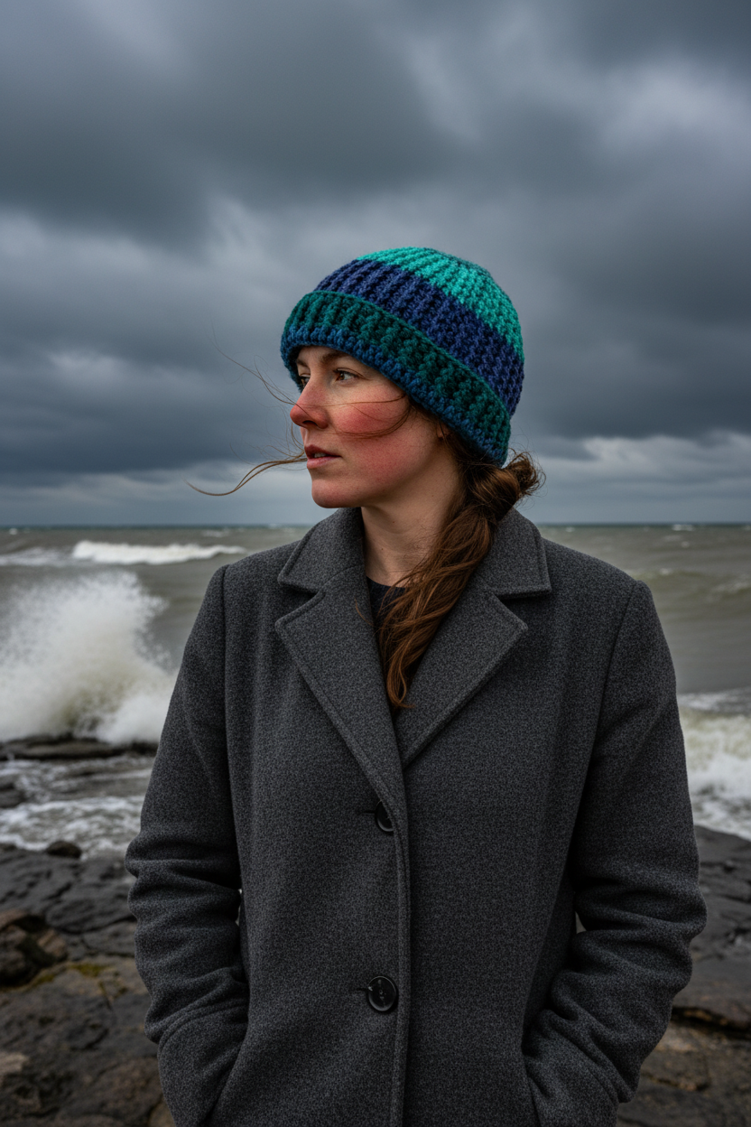 aqua descent crochet beanie with brim ribbed winter hat cold weather headwear structured knit beanie Climate on pacific coastal rocks