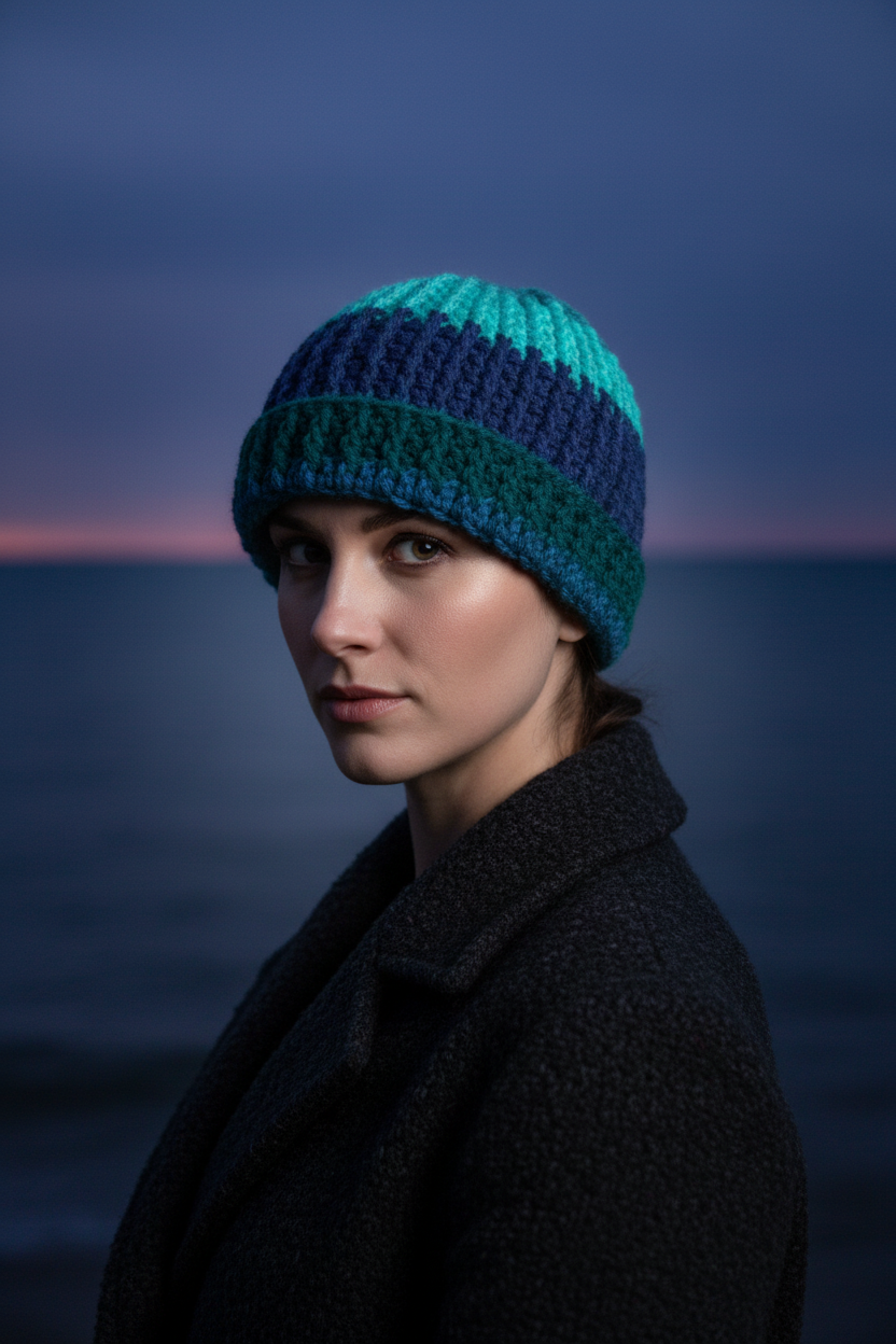 aqua descent crochet beanie with brim ribbed winter hat cold weather headwear structured knit beanie On-Head at dusk