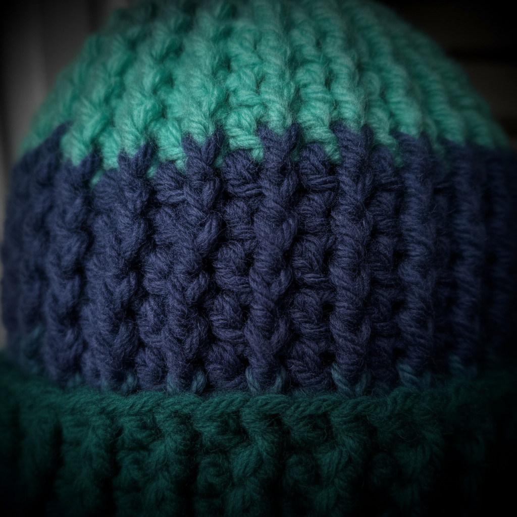 aqua descent ribbed crochet beanie stitch detail vertical texture thick yarn winter hat construction