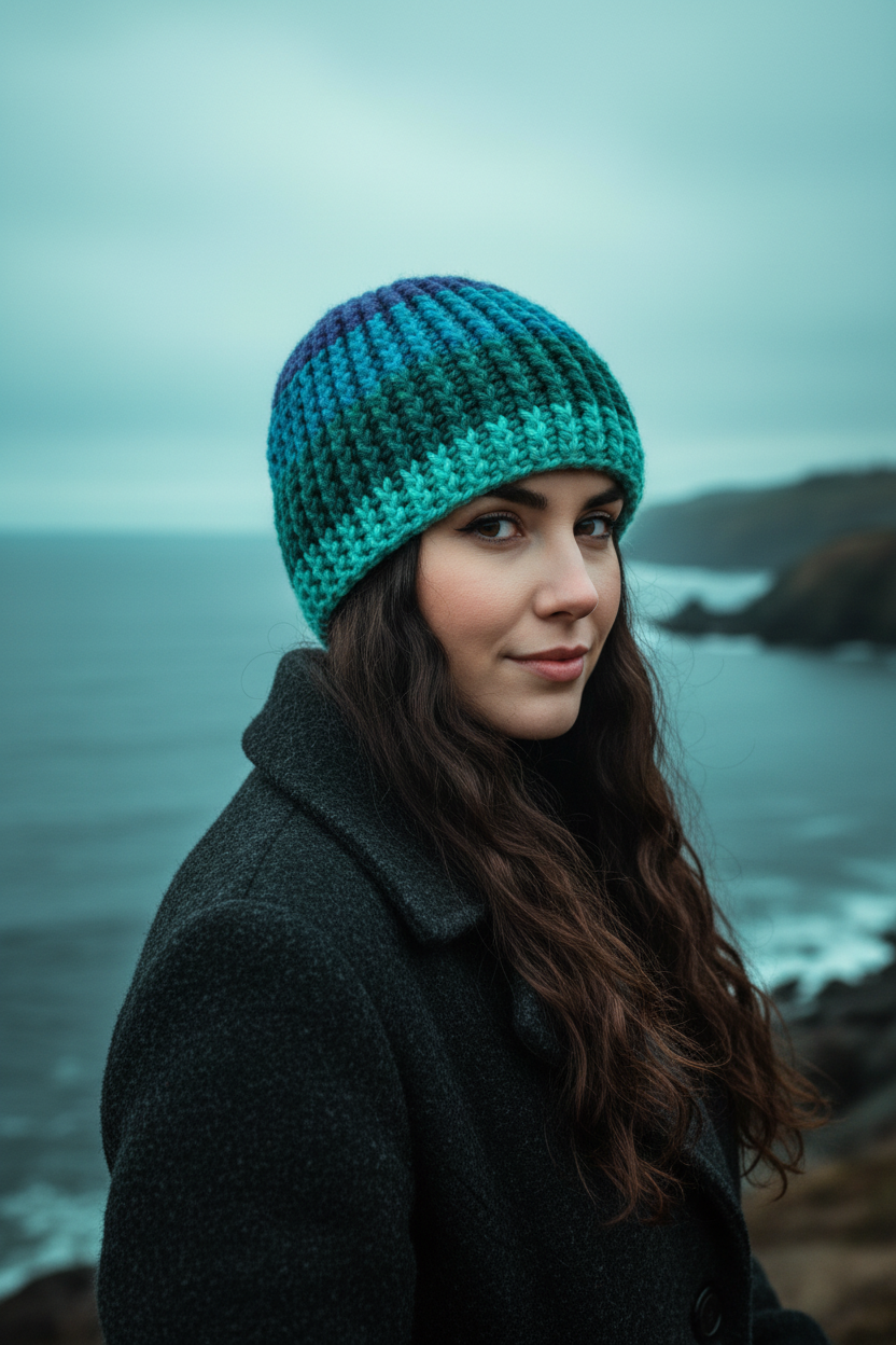 Aqua Descent Extra Dense Crochet beanie on model standing on rocks at the coast