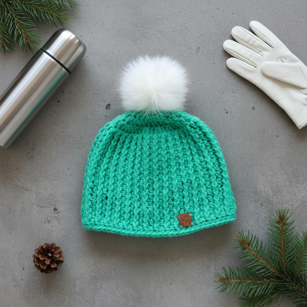 Overhead flat lay of Arctic Mint classic rib crochet beanie styled with winter elements highlighting thick ribbed texture