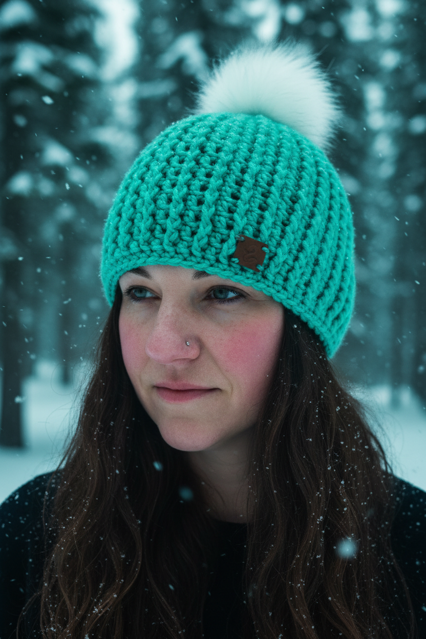 Arctic Mint classic rib crochet beanie worn in snowy forest winter setting for cold weather outdoor wear
