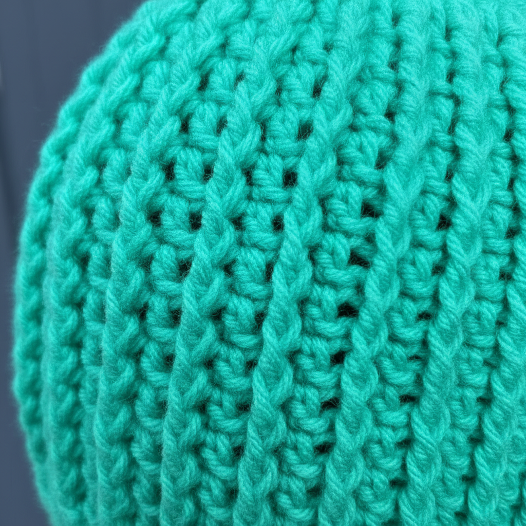 Close up of Arctic Mint classic rib crochet beanie showing thick ribbed winter stitch detail in cool mint green