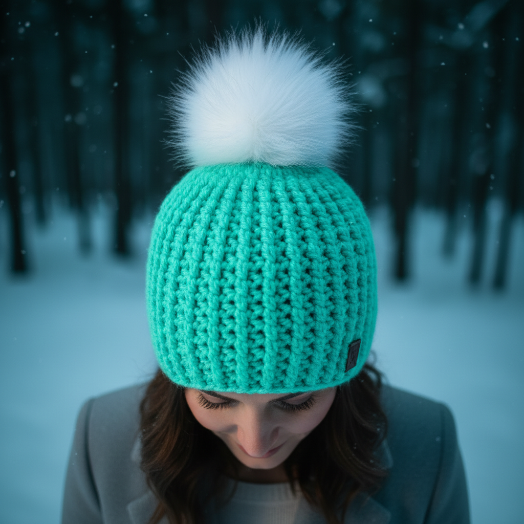 Top view of Arctic Mint ribbed crochet beanie in cool mint green highlighting crown shaping and thick winter stitch definition
