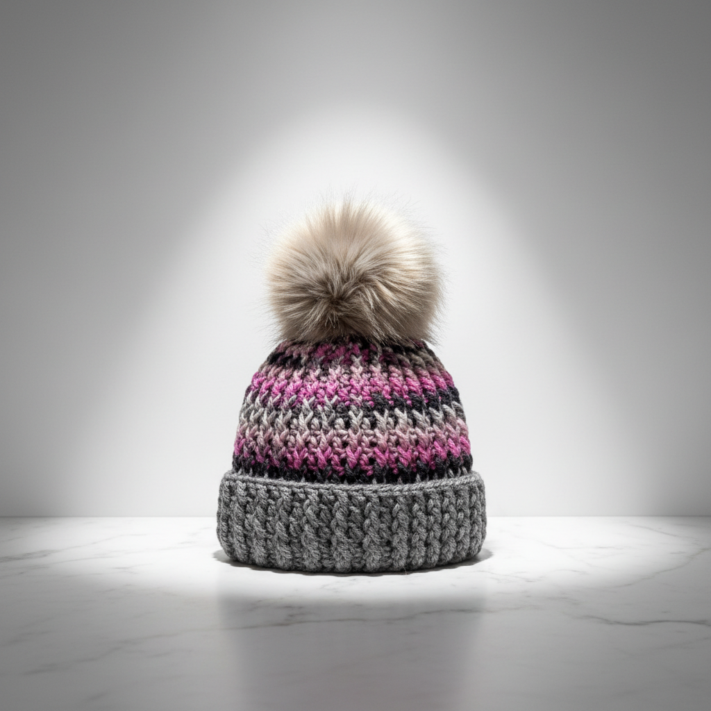 Ash and Orchid™ handmade crochet beanie featuring orchid pink, charcoal, and gray variegated yarn, oversized gray ribbed brim, and oversized faux fur pom.