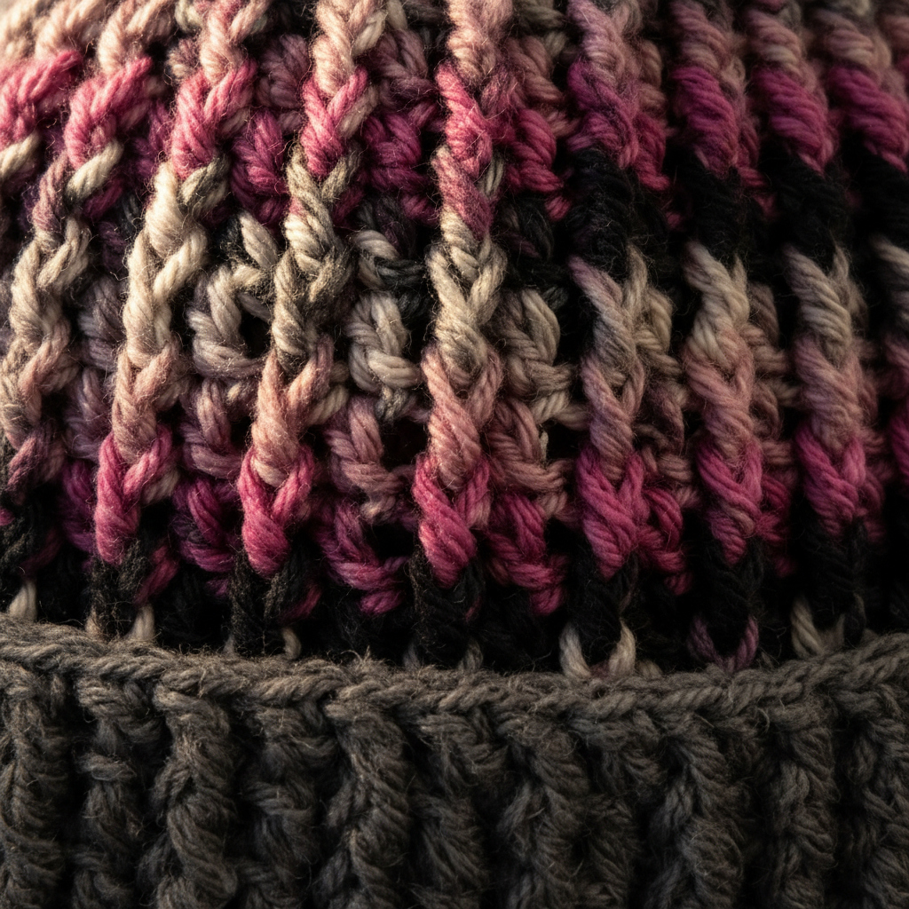 Ash and Orchid™ handmade crochet beanie featuring orchid pink, charcoal, and gray variegated yarn, oversized gray ribbed brim, and oversized faux fur pom showing close up of Texture