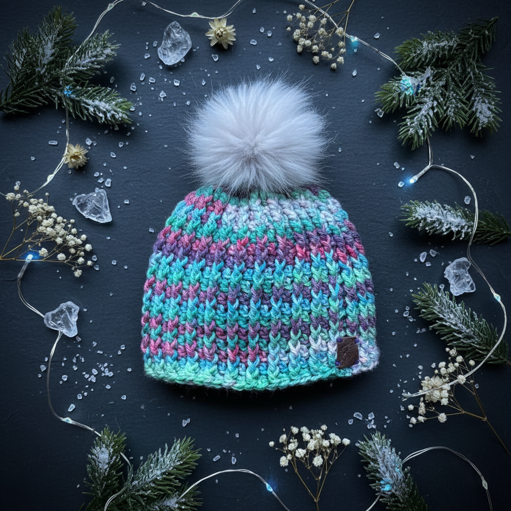 Aurora classic rib crochet beanie styled flat lay highlighting thick ribbed winter construction