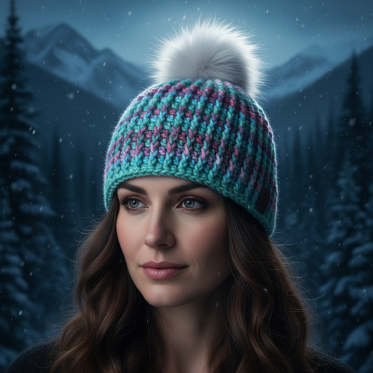 Aurora classic rib crochet beanie worn on head in snowy mountain winter setting for cold climate protection
