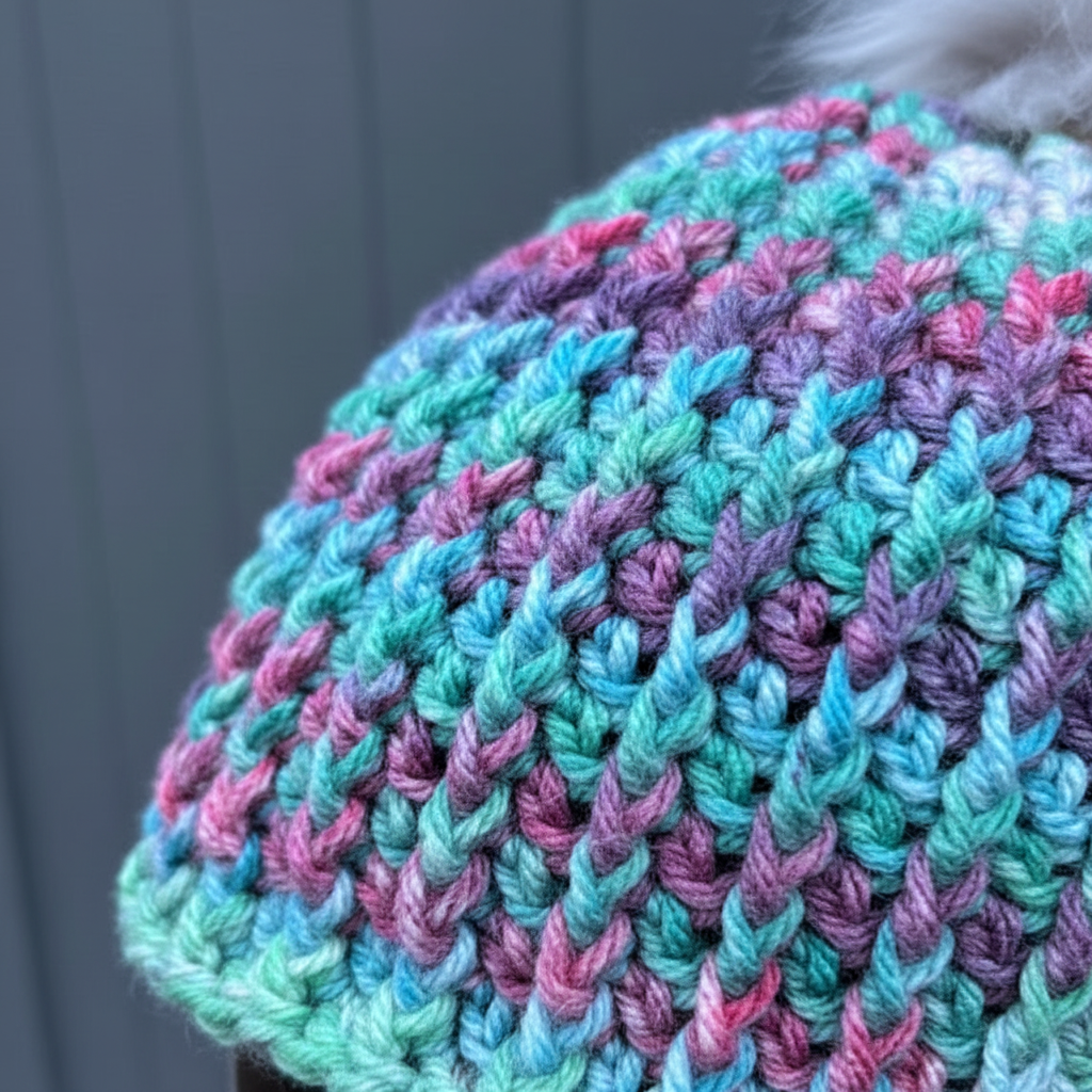 Close up of Aurora crochet beanie showing thick ribbed stitch pattern in teal, lavender, and soft pink variegated yarn
