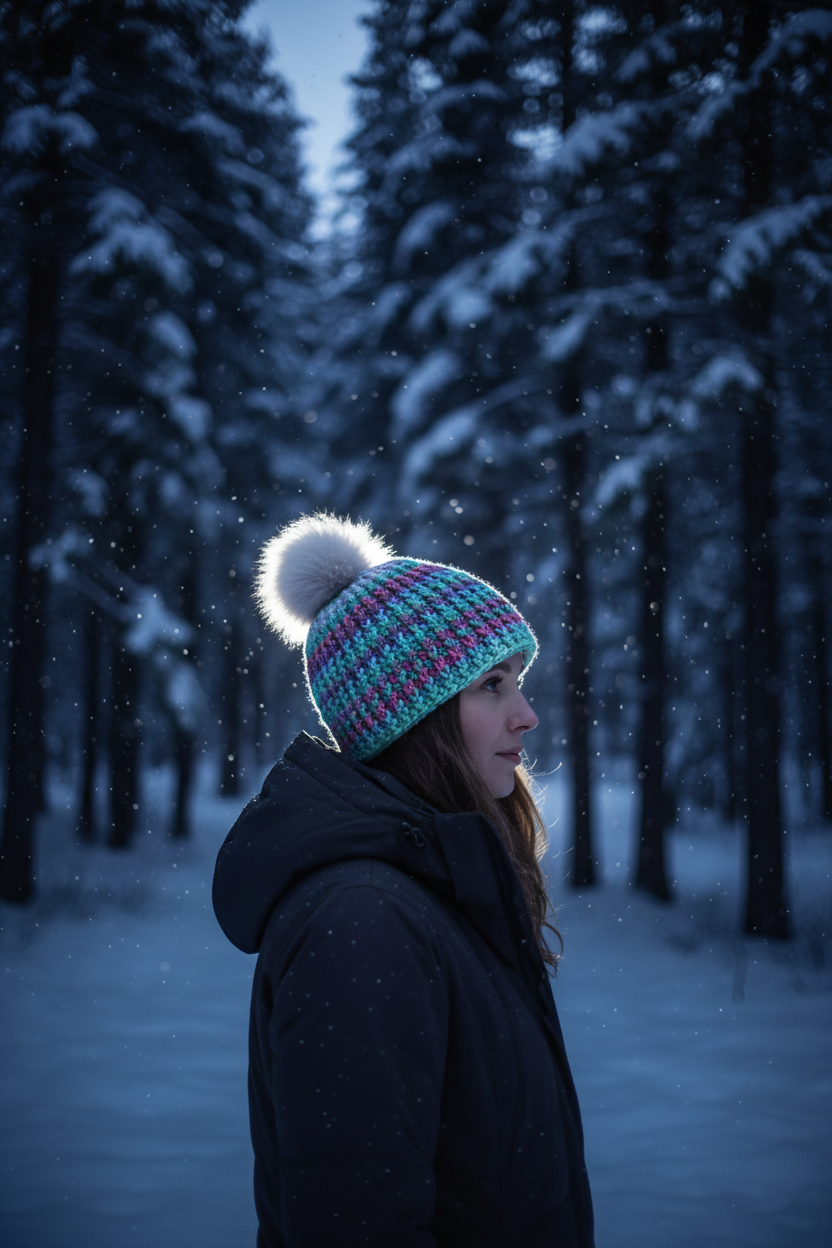 Aurora crochet beanie in teal, lavender, and soft pink variegated yarn with white faux fur pom worn in snowy forest setting for cold climate winter wear