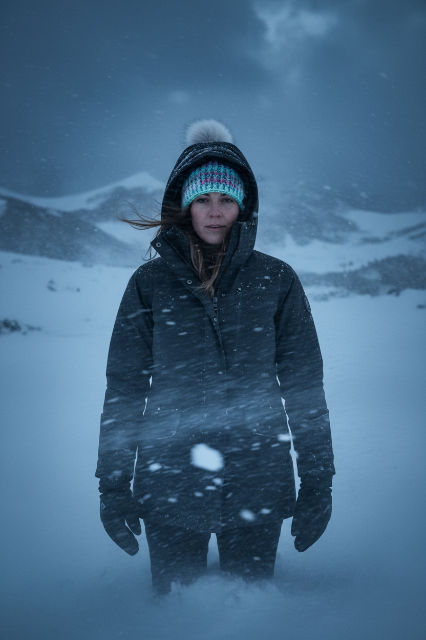 Aurora classic rib crochet beanie in teal and lavender variegated yarn worn outdoors in snowy winter setting for cold weather wear