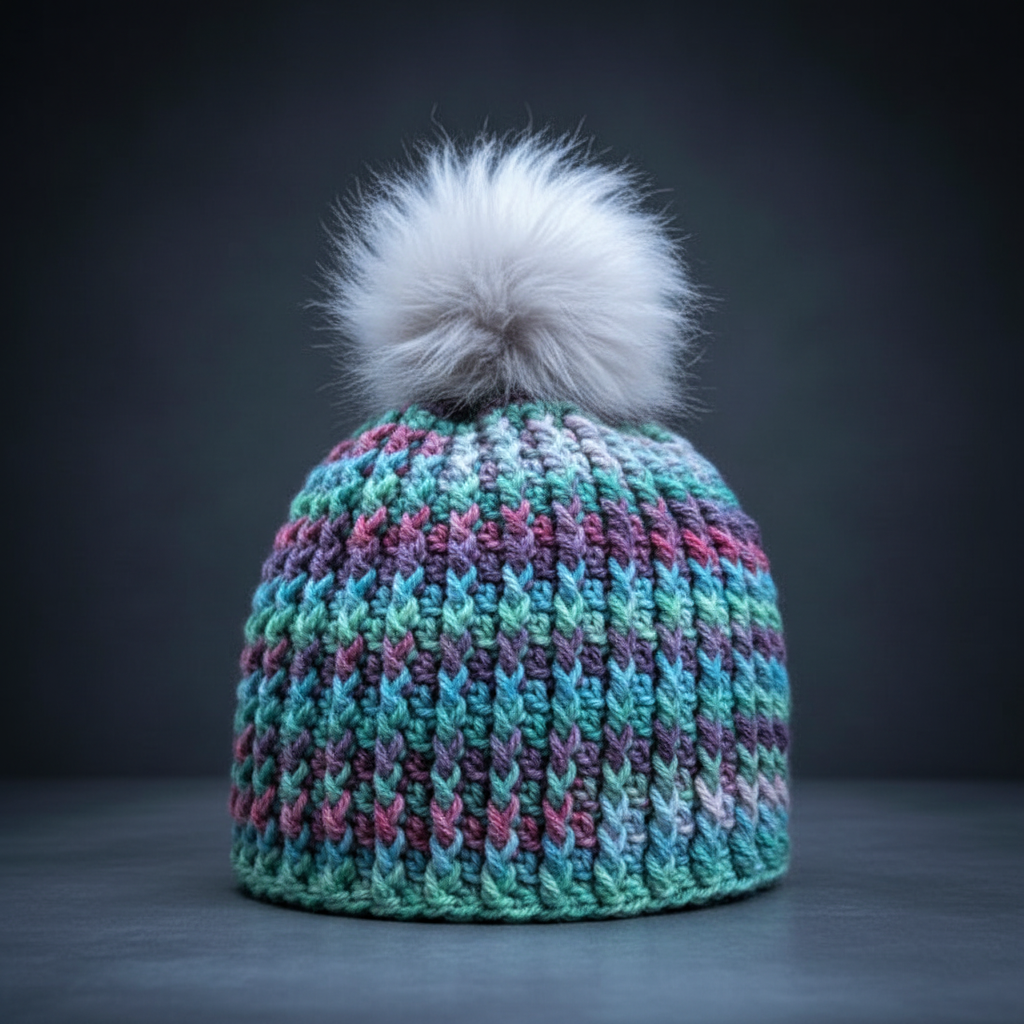Aurora crochet beanie in teal, lavender, and soft pink variegated yarn with white faux fur pom shown upright highlighting structured ribbed texture
