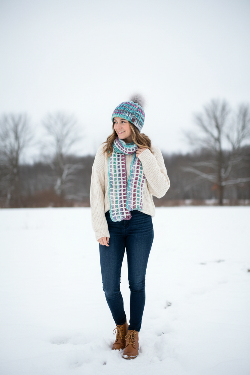 Aurora Matching coordinates ribbed crochet beanies worn outdoors in winter setting