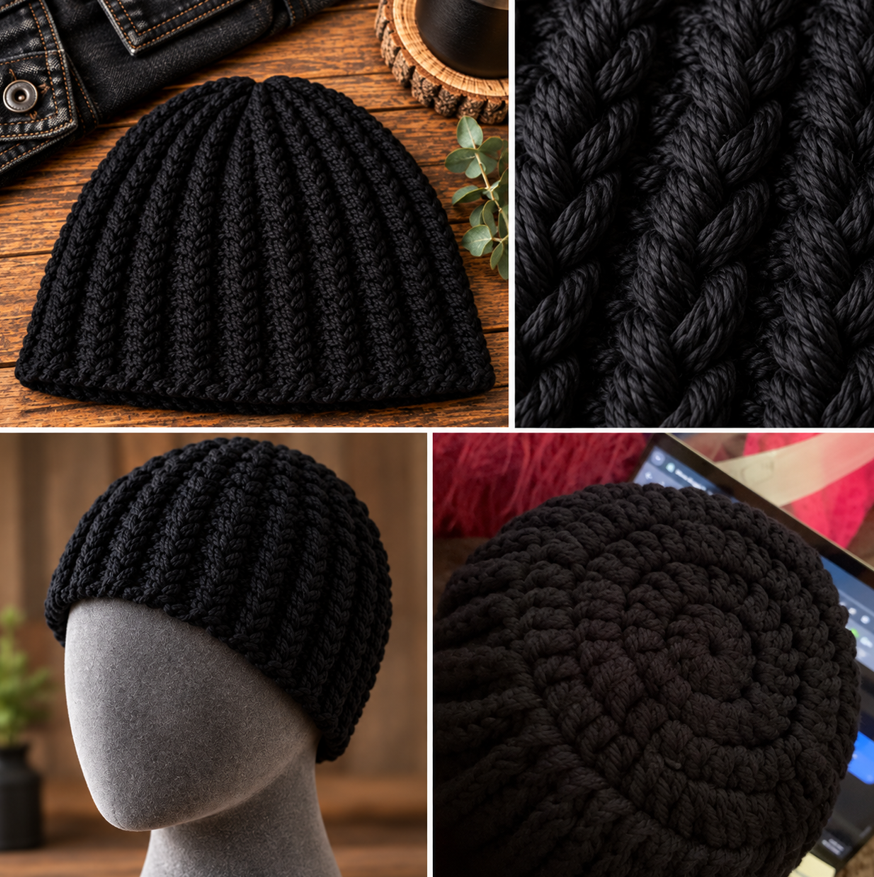 Black Label solid black Big Noggin Skull Hugger crochet beanie with styled flat lay, stitch close-up, mannequin fit and Flat Head Crown detail