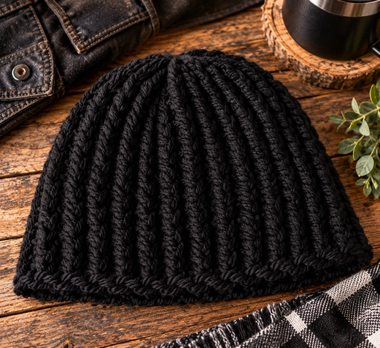 Black Label solid black Big Noggin Skull Hugger crochet beanie with Flat Head Crown by Warm Noggin
