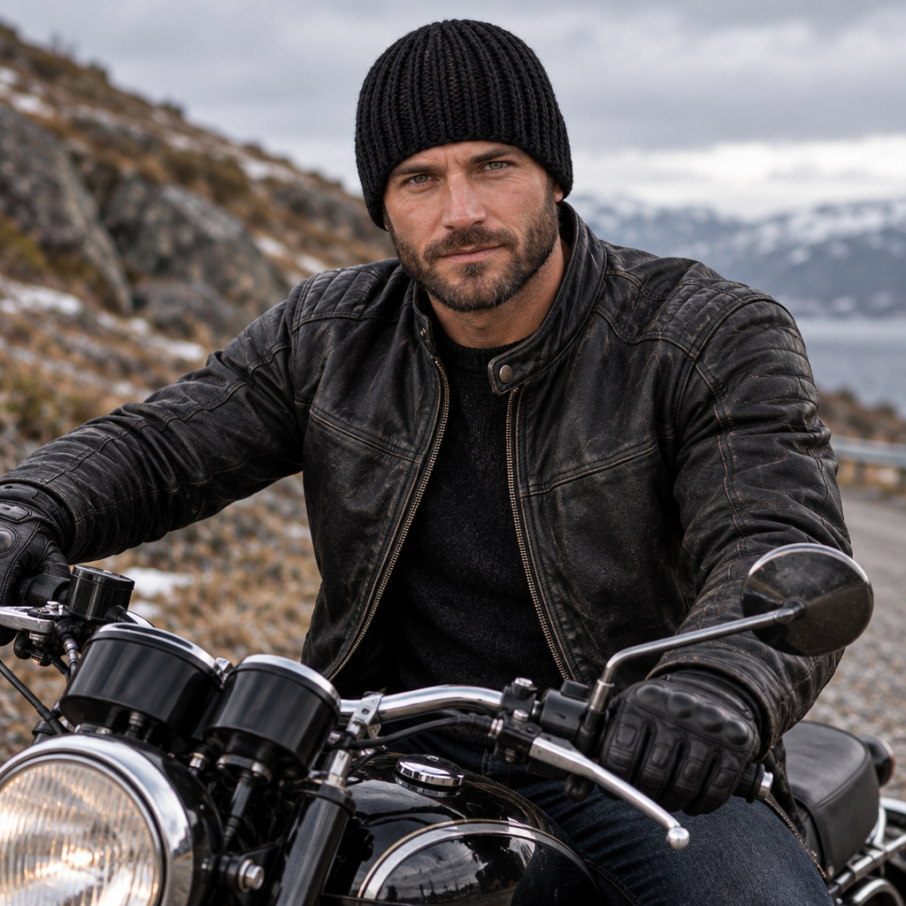 Man wearing Black Label solid black Big Noggin Skull Hugger crochet beanie while riding a motorcycle in cold weather
