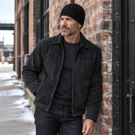 Man wearing the solid black Black Label™ beanie beside a weathered brick building in winter.