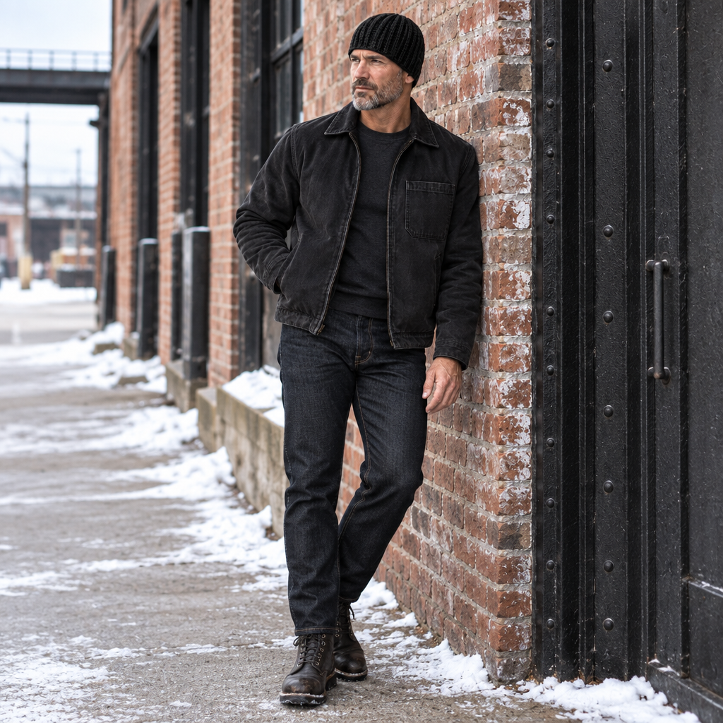 Man wearing Black Label™ while walking through a snowy brick warehouse district.