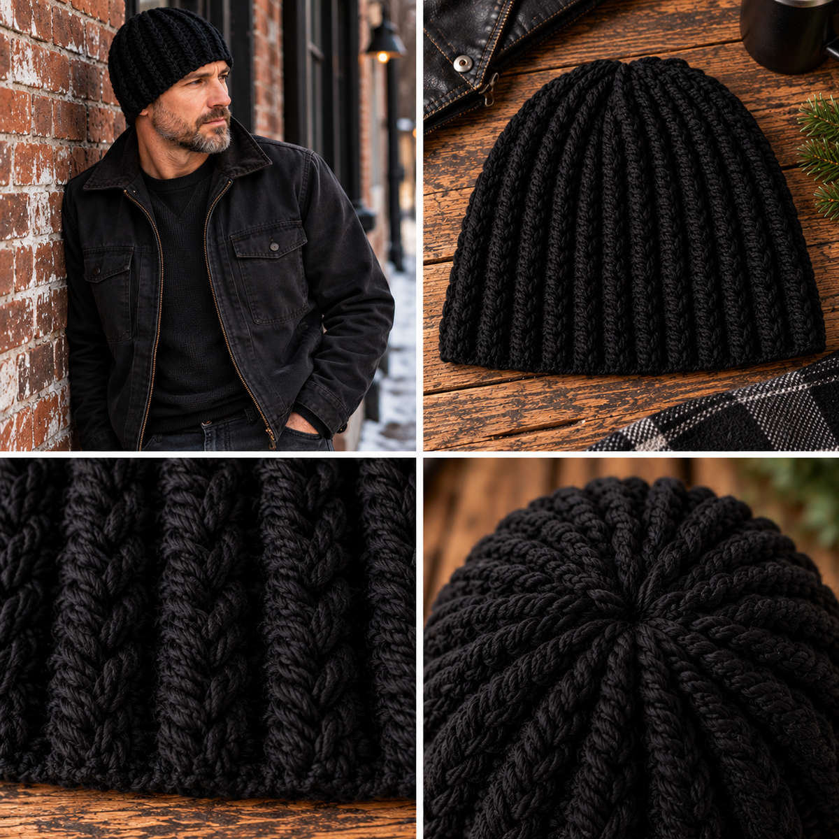 Black Label™ shown worn and laid flat with close-up views of the crochet texture and crown.