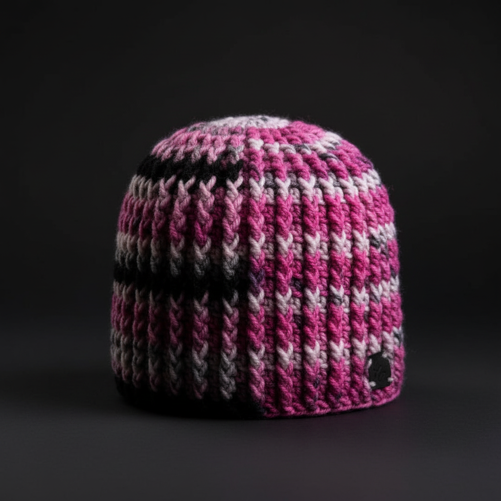 crochet beanie with pink, white, and black pattern on a black background