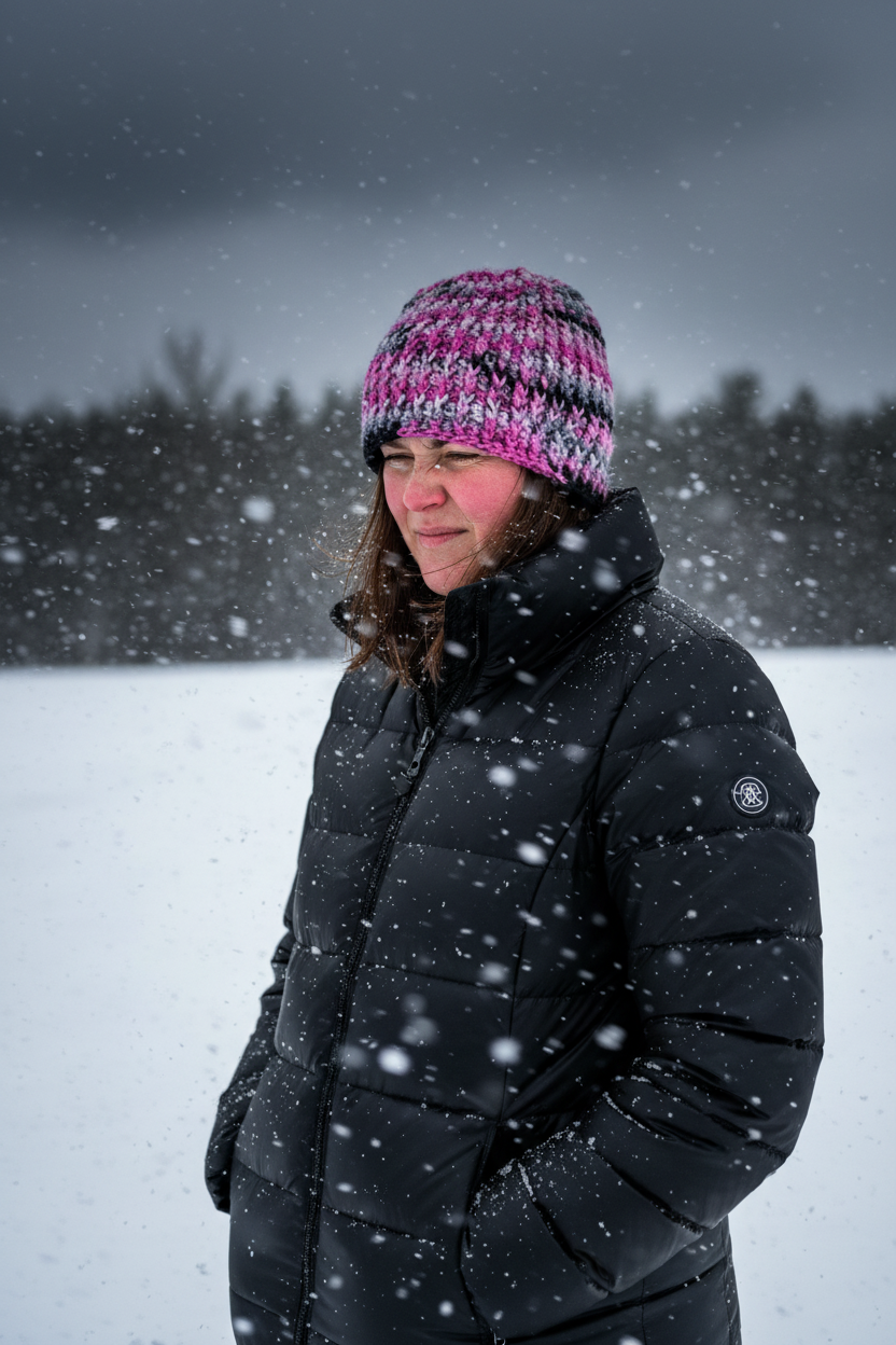 Person wearing a black coat and pink knit hat standing in a snowy landscape with dark clouds above.