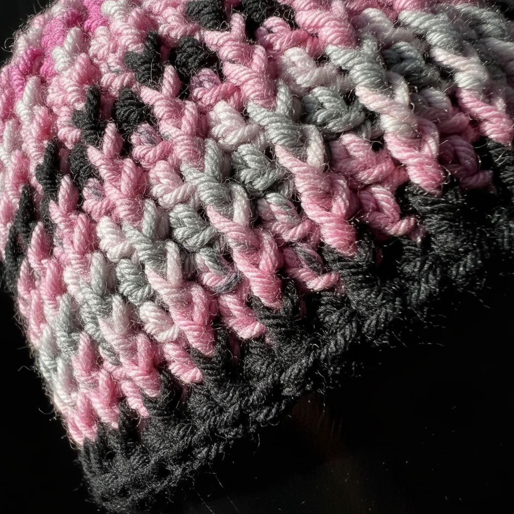 Close-up of a crocheted beanie with pink, gray, and black yarn.