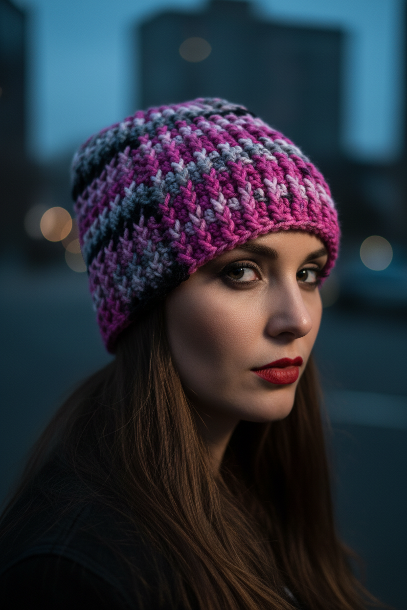 Woman wearing a colorful crochet hat against a blurred background