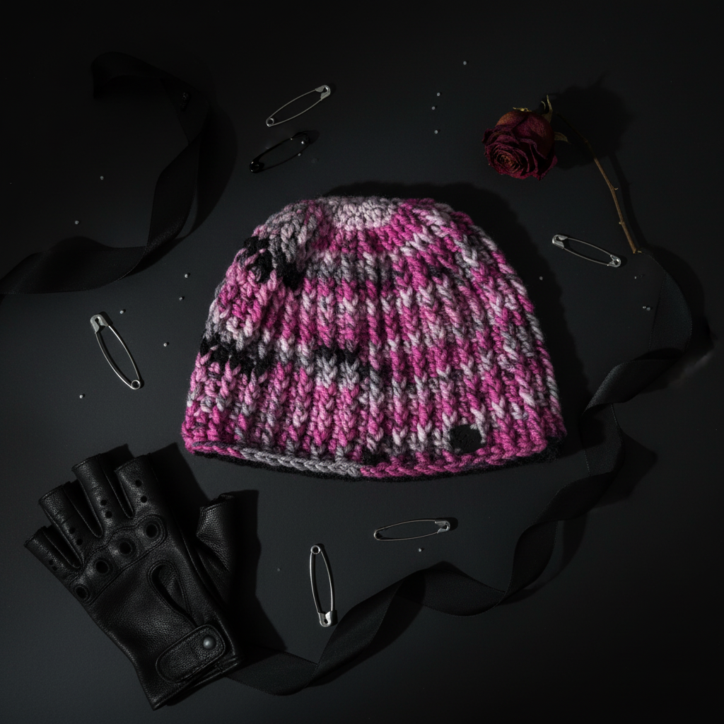 Pink and gray crochet beanie with black accents on a dark surface with gloves and a rose.